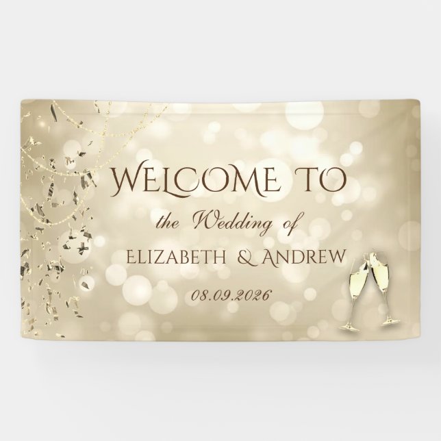 Elegant Bokeh,Confetti Wine Glasses Wedding Banner (Horizontal)