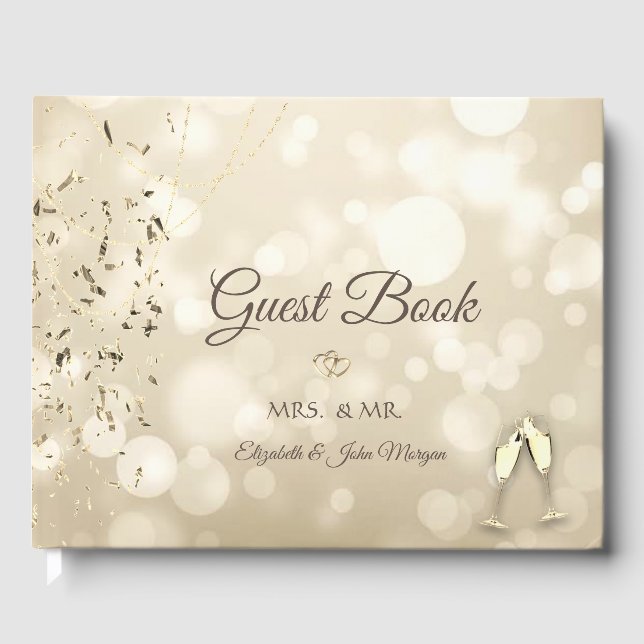 Elegant Bokeh,Confetti Wine Glasses Wedding Guest Book (Front)
