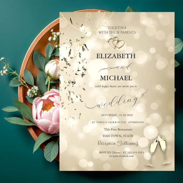 Elegant Bokeh,Confetti Wine Glasses Wedding Invitation (Creator Uploaded)