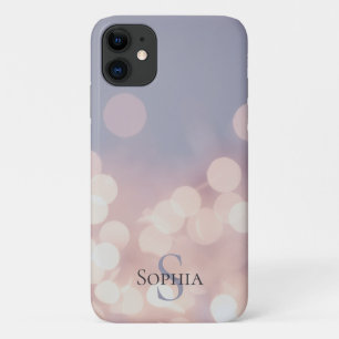 Elegant Bokeh Glitter Purple Pink Monogram Name iPhone 11 Case