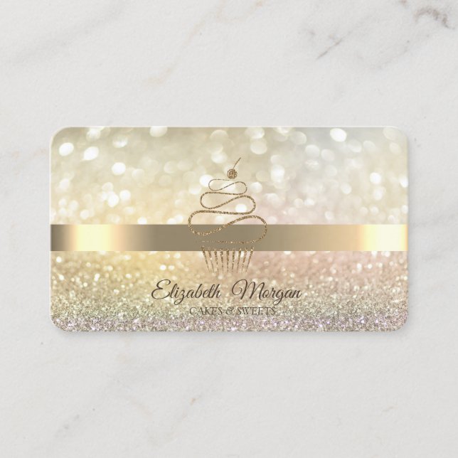 Elegant Bokeh Gold Glitter Cupcake Business Card (Front)