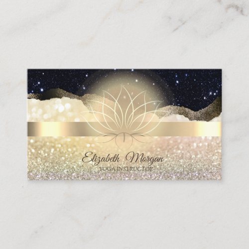 Elegant Bokeh Gold Lotus Black Glitter  Yoga  Business Card