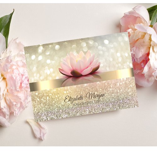 Elegant Bokeh Gold Lotus Flower Yoga Instructor Business Card