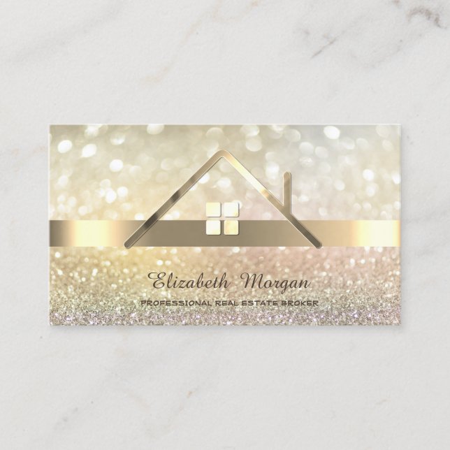 Elegant Bokeh Gold Real Estate Broker House Roof  Business Card (Front)