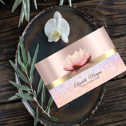 Elegant Bokeh Gold Stripe Lotus Rose Gold Business Card