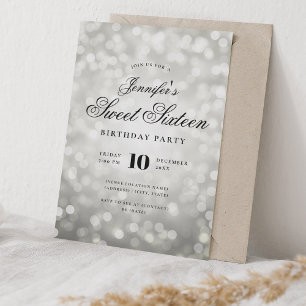 Elegant Bokeh Lights Formal Script Sweet 16 Silver Invitation