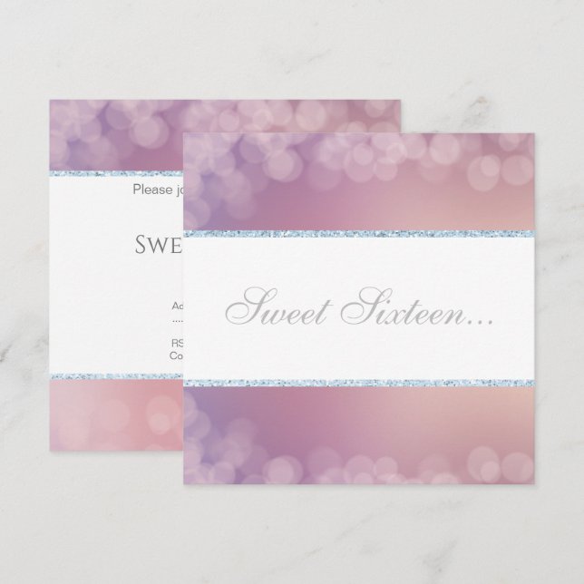 ELEGANT BOKEH LILAC WHITE GLITTER BUBBLE SWEET 16 INVITATION (Front/Back)