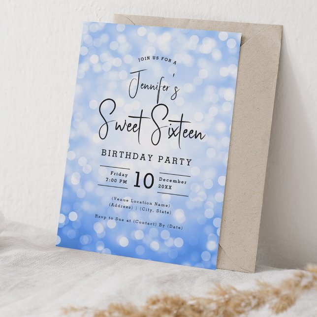 Elegant Bokeh Modern Script Sweet 16 Navy Blue Invitation (Elegant Bokeh Modern Script Sweet 16 Navy Blue Invitation)