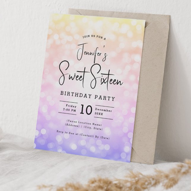 Elegant Bokeh Modern Script Sweet 16 Ombre Rainbow Invitation (Elegant Bokeh Modern Script Sweet 16 Ombre Rainbow Invitation)