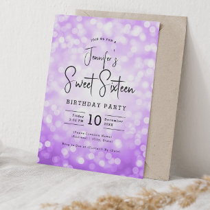 Elegant Bokeh Modern Script Sweet 16 Purple Invitation