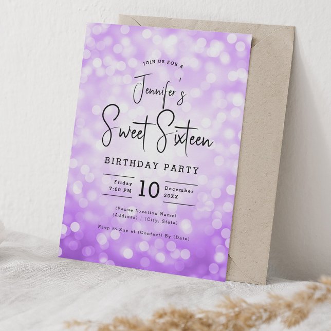 Elegant Bokeh Modern Script Sweet 16 Purple  Invitation (Elegant Bokeh Modern Script Sweet 16 Purple Invitation)