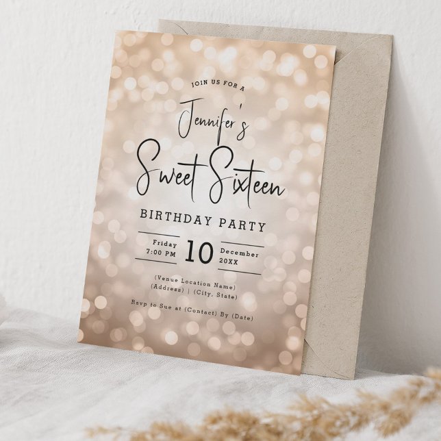 Elegant Bokeh Modern Script Sweet 16 Rose Gold Invitation (Elegant Bokeh Modern Script Sweet 16 Rose Gold Invitation)