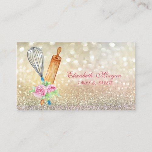 Elegant Bokeh Rolling Pin Whisk Bakery Business Card