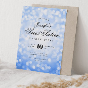 Elegant Bokeh Script Sweet 16 Party Navy Blue Invitation