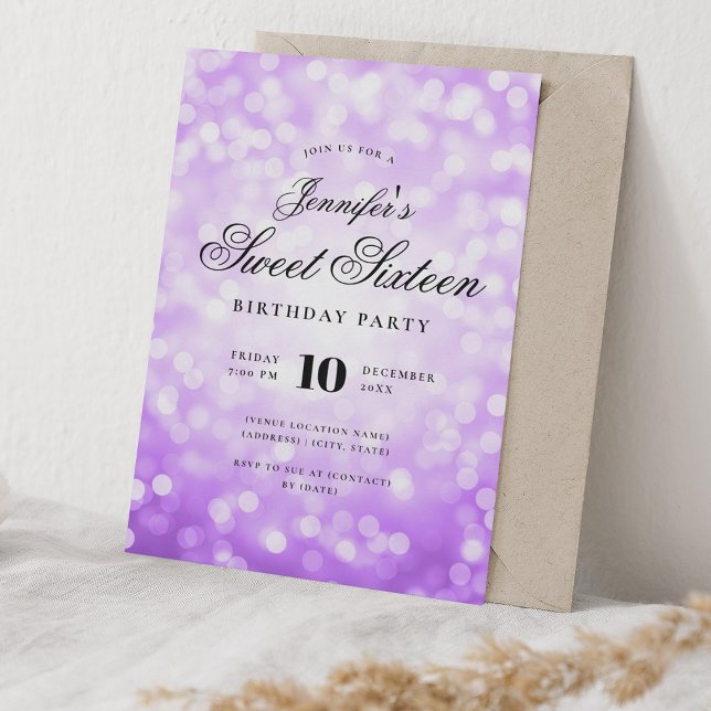 Elegant Bokeh Script Sweet 16 Party Purple  Invitation (Elegant Bokeh Script Sweet 16 Party Purple Invitation)