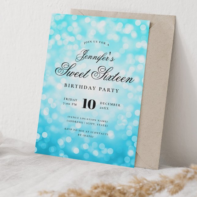 Elegant Bokeh Script Sweet 16 Party Turquoise  Invitation (Elegant Bokeh Script Sweet 16 Party Turquoise Invitation)