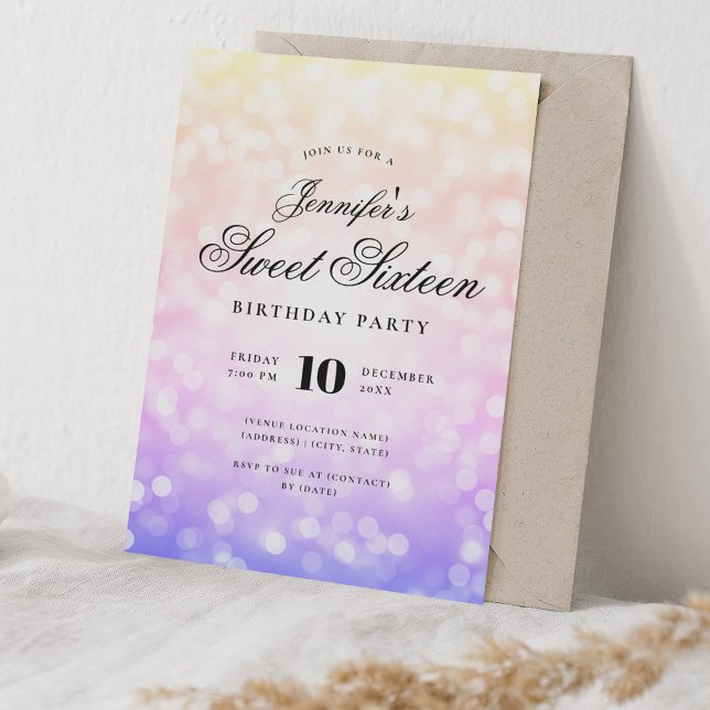 Elegant Bokeh Script Sweet 16 Rainbow Ombre  Invitation (Elegant Bokeh Script Sweet 16 Rainbow Ombre Invitation)