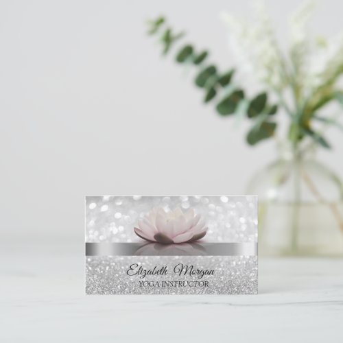 Elegant Bokeh Silver Lotus Flower Yoga Instructor Business Card