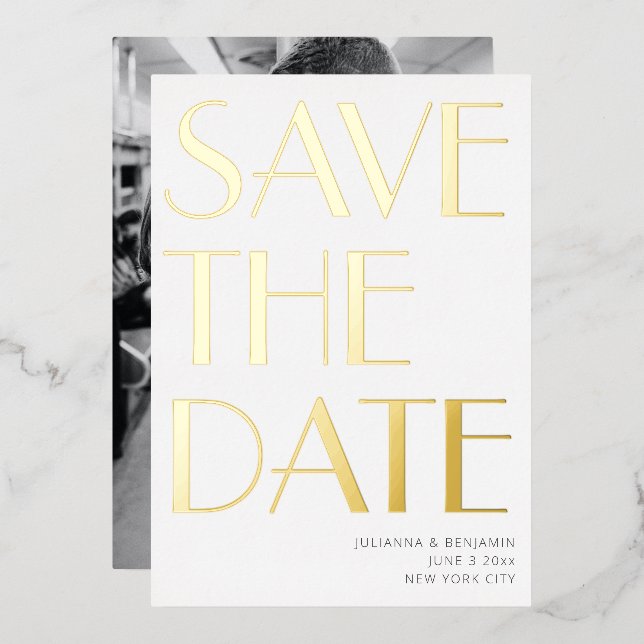 Elegant Bold Art Deco Photo Save The Date Gold  Foil Invitation (Front/Back)