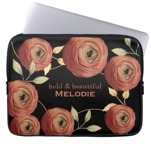 Elegant Bold  Beautiful Peach Black Floral Name  Laptop Sleeve