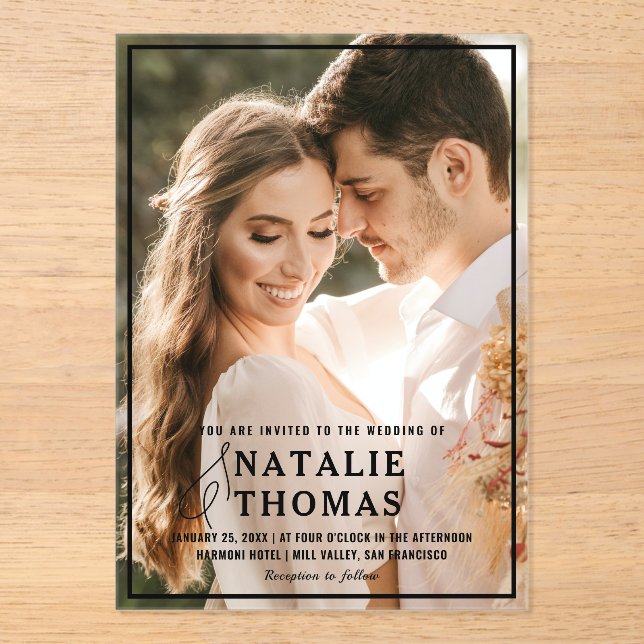 Elegant Bold Black Text Overlay Photo Wedding Acrylic Invitations (Front)