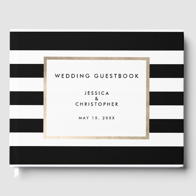 Elegant Bold Black White Stripe Rose Gold Foil Guest Book (Front)