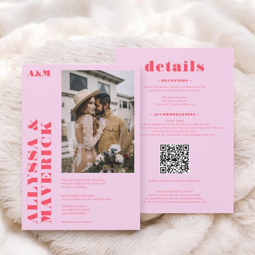 Elegant Bold boho red hot pink photo wedding Invitation