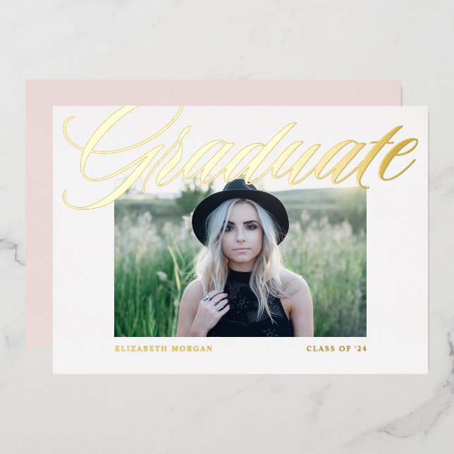 Elegant Bold Calligraphy Photo Graduation Gold Foil Invitation (Front/Back)