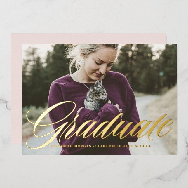 Elegant Bold Calligraphy Photo Graduation Gold Foil Invitation (Front/Back)