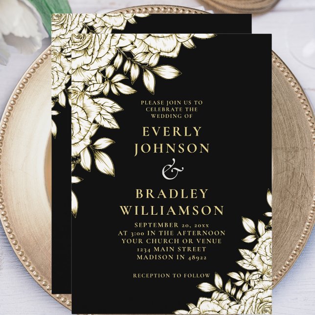 Elegant Bold Chic Black Gold Floral Photo Wedding Invitation (Creator Uploaded)