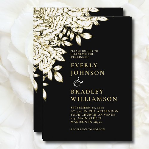 Elegant Bold Chic Black Gold Floral Photo Wedding Invitation
