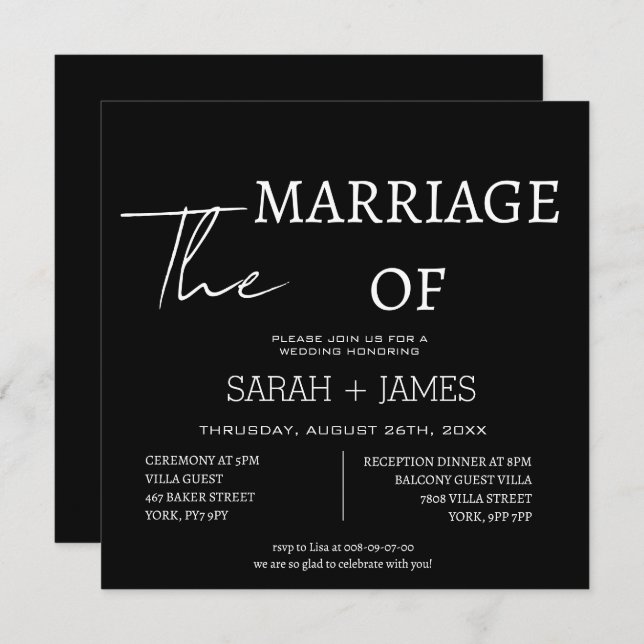 Elegant Bold Classic Black & White Wedding Square Invitation (Front/Back)