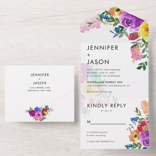 Elegant Bold Color Roses and Peonies Wedding Invit All In One Invitation