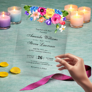 Elegant Bold Colorful Watercolor Floral wedding Acrylic Invitations