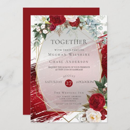 Elegant Bold Crimson Floral Foil Paint Stroke Invitation