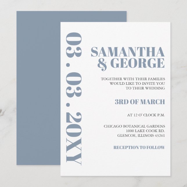 Elegant Bold Dusty Blue Modern Wedding Invitation (Front/Back)