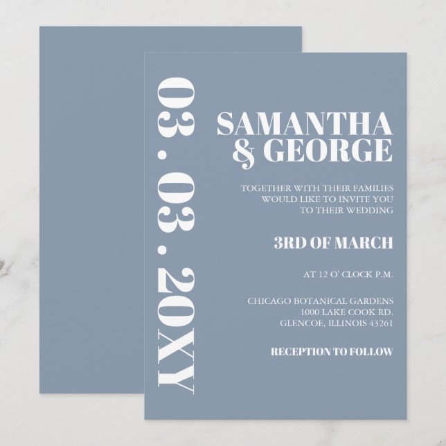 Elegant Bold Dusty Blue Modern Wedding Invitation (Front/Back)