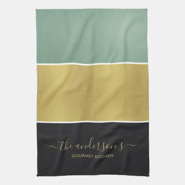 ELEGANT BOLD FAUX GOLD BLUE GREEN BLACK STRIPS KITCHEN TOWEL (Vertical)
