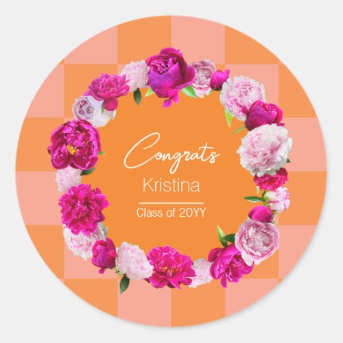 Elegant Bold Floral Orange  Pink Check Graduation Classic Round Sticker