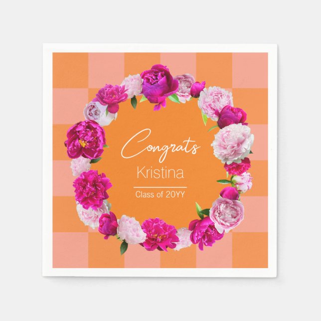 Elegant Bold Floral Orange & Pink Check Graduation Napkins (Front)