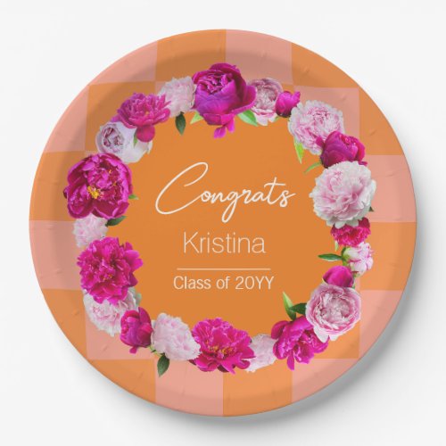 Elegant Bold Floral Orange  Pink Check Graduation Paper Plates