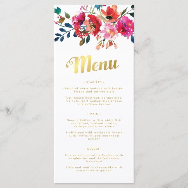 Elegant Bold Floral Watercolor Gold Wedding Menu (Front)