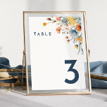 Elegant Bold Floral Wedding Table Number<br><div class="desc">Introducing our Elegant Bold Floral Wedding Table Number Design, a modern celebration of nature's artistry, featuring colorful floral watercolor arrangements in lovely hues of blush pink, navy and dusty blue, peach, and yellow with soft eucalyptus greenery beautifully set against a simple pristine white canvas with minimalist dark blue typography, creating...</div>