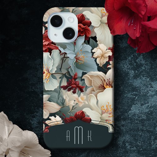 Elegant Bold Floral with Custom Monogram iPhone 15 Case