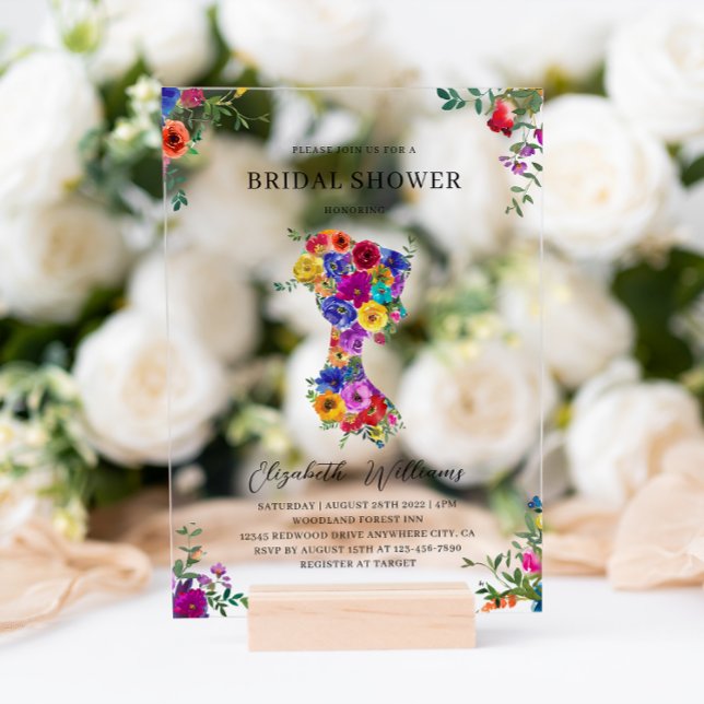 Elegant Bold Floral Woman Silhoutte Bridal Shower Acrylic Invitations (Creator Uploaded)
