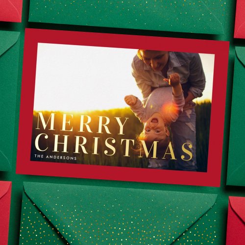 Elegant Bold Gold Merry Christmas Red Frame Photo Foil Holiday Card
