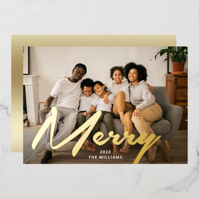 Elegant Bold Merry Brush Script Photo Real Gold Foil Holiday Card (Front/Back)
