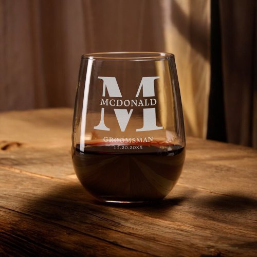 Elegant Bold Monogram Groom Stemless Wine Glass