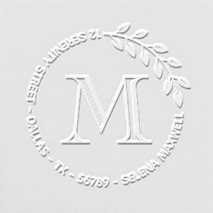 Elegant Bold Monogram Initial Round Wreath Address Embosser
