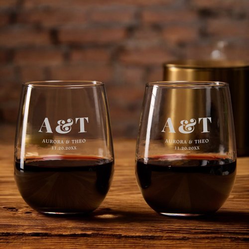 Elegant Bold Monogram Luxury Wedding Stemless Wine Glass